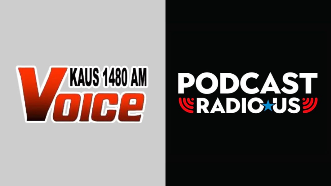 A photo of the KAUS 1480 logo and the Podcast Radio logo