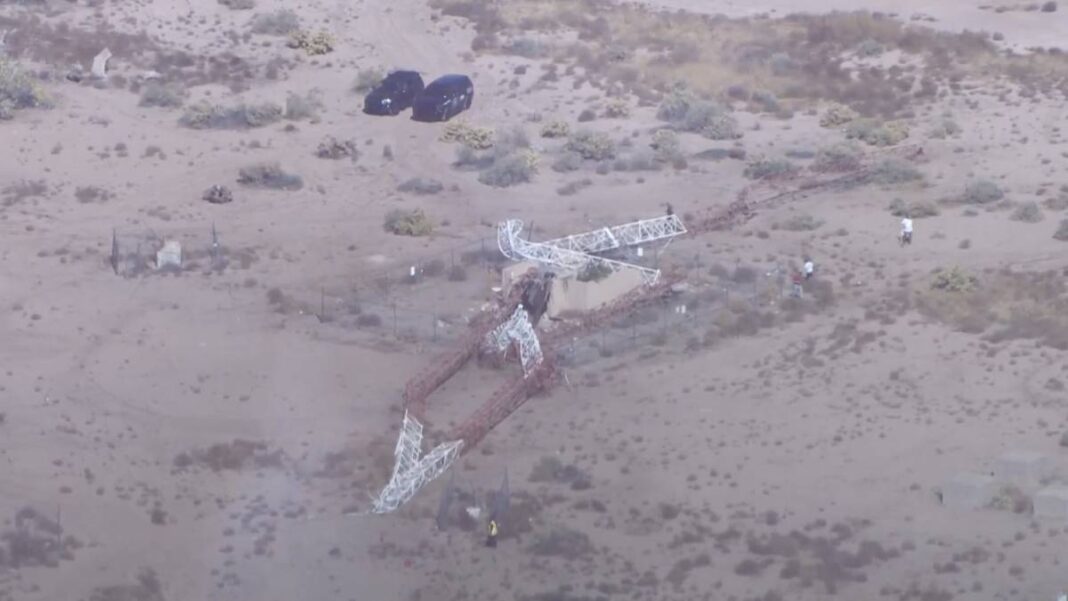 A photo of the KKOB tower knocked down