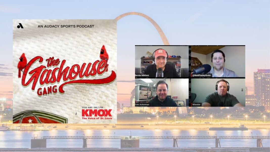 Logo for a KMOX podcast and a screengrab of their sports hosts