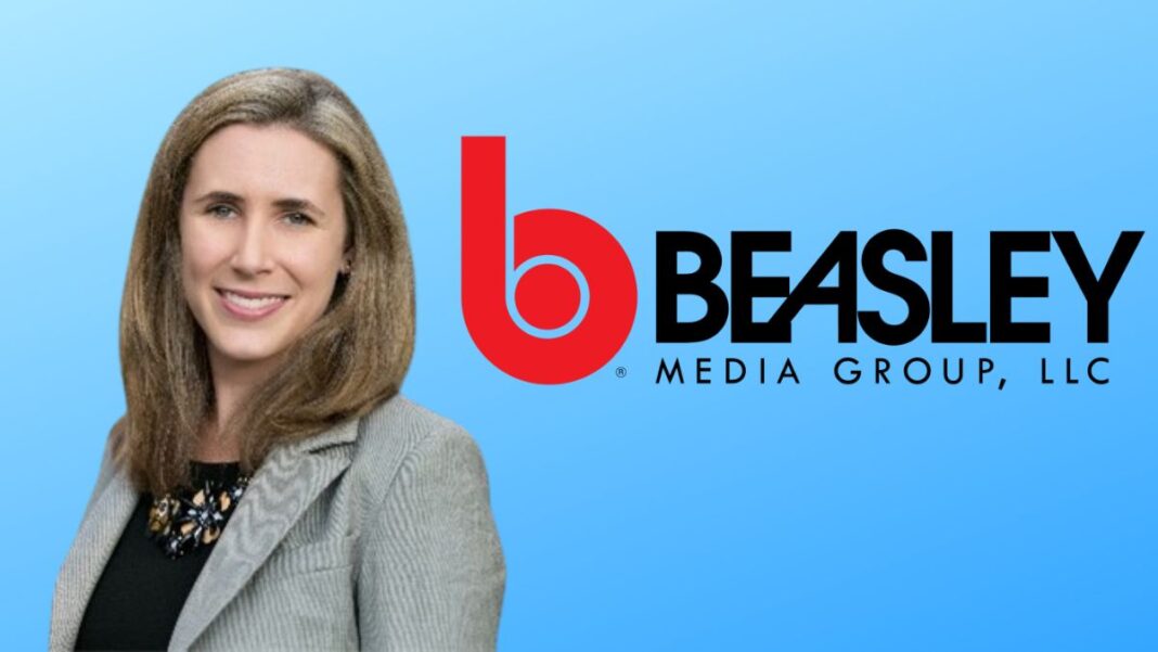 A photo of Lauren Burrows Coleman and the Beasley Media Group logo