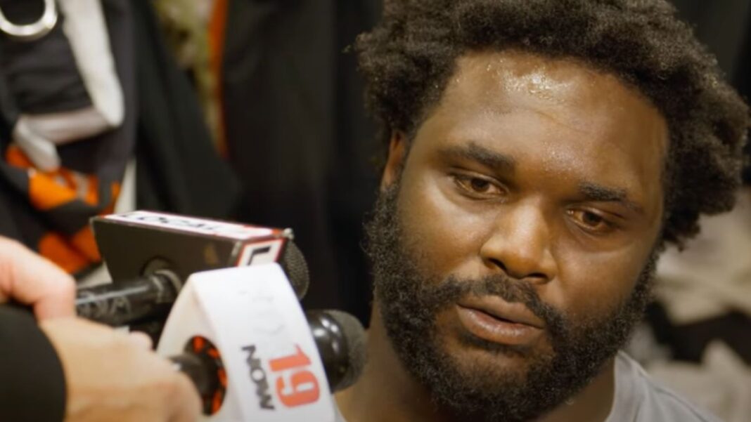 Screengrab of an NFL player being interviewed in a locker room