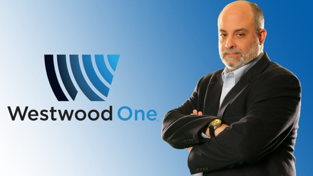 A photo of Mark Levin and the Westwood One logo