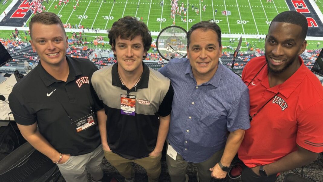 Photo of UNLV announcers Matt Neverett and Caleb Herring along with Tim Neverett and Kyle Neverett