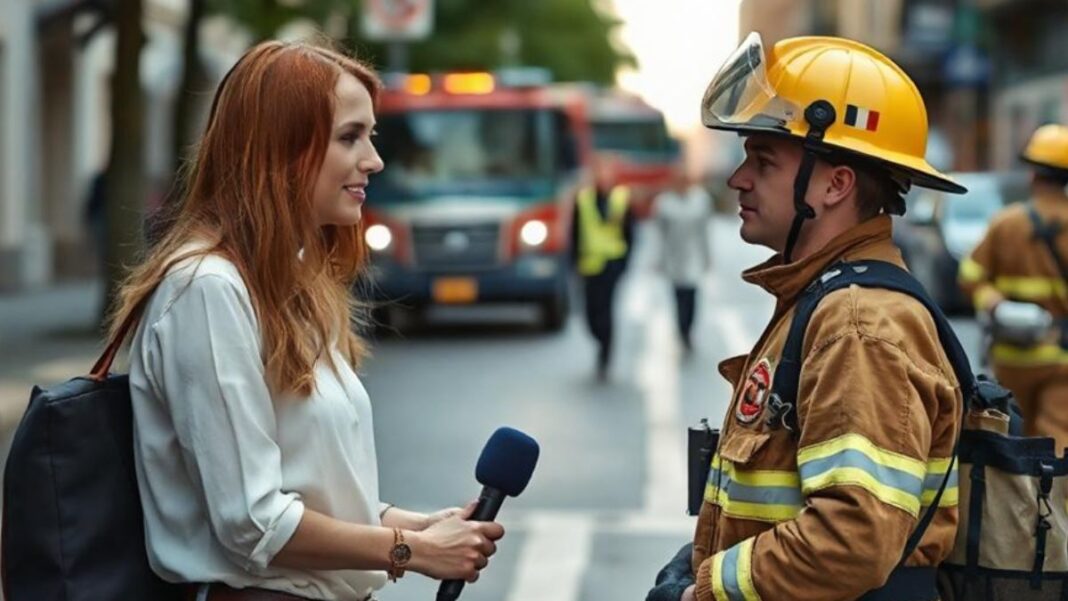 Graphic showing a reporter interviewing a fireman