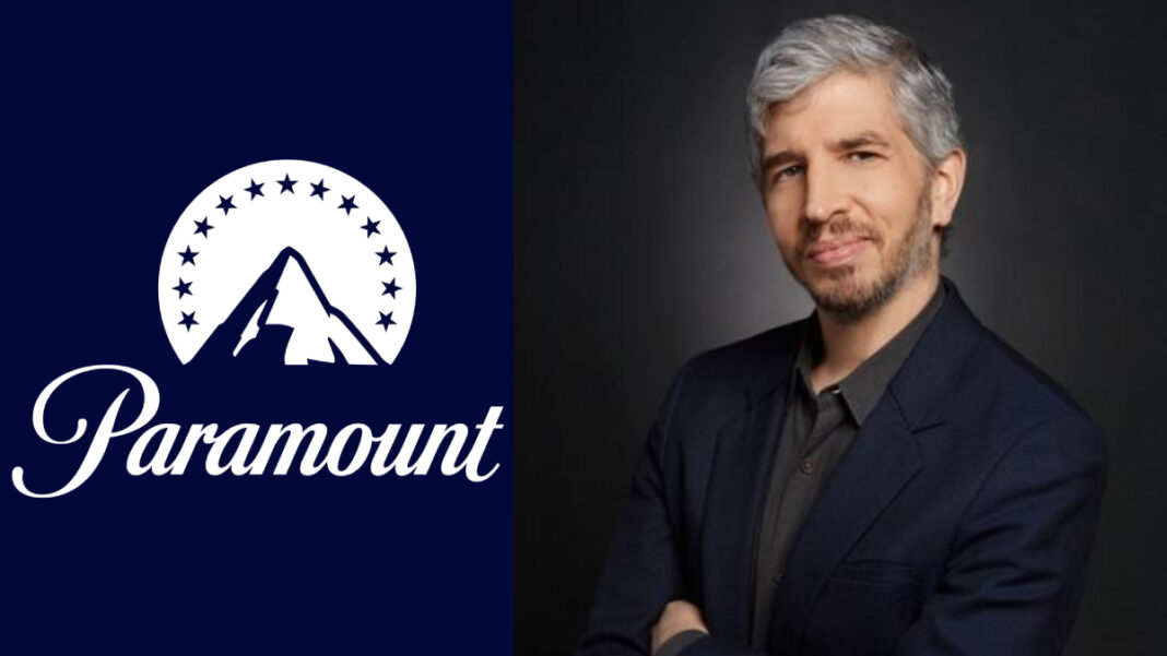 A photo of Steve Raizes and the Paramount logo