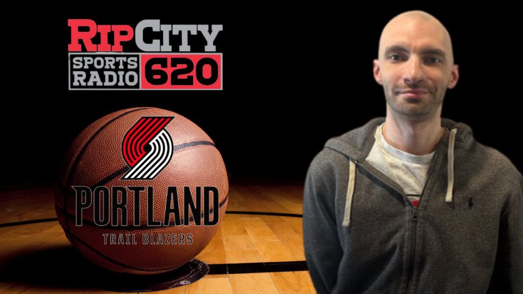 Logos for Rip City Radio and the Portland Trail Blazers and a photo of Sean Highkin