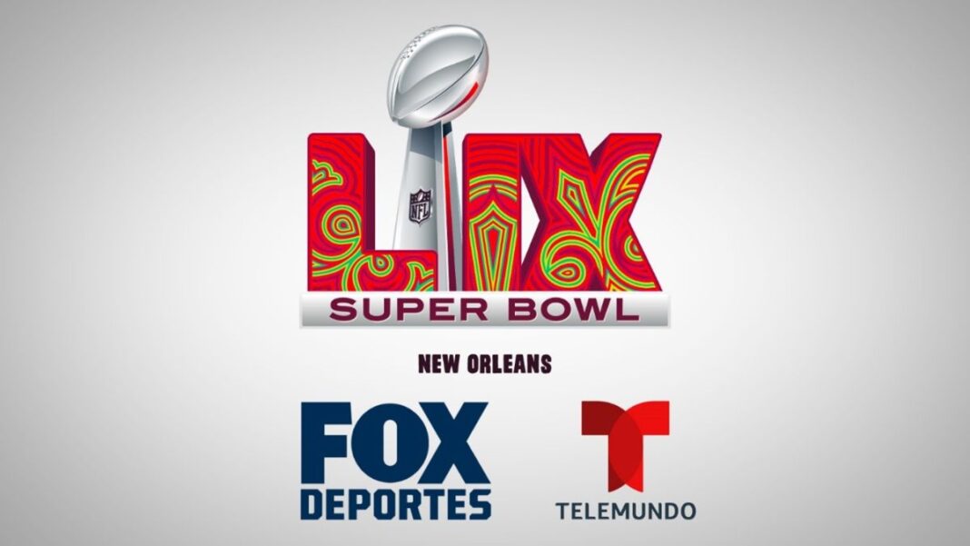 Logos for FOX Deportes, Telemundo and Super Bowl LIX