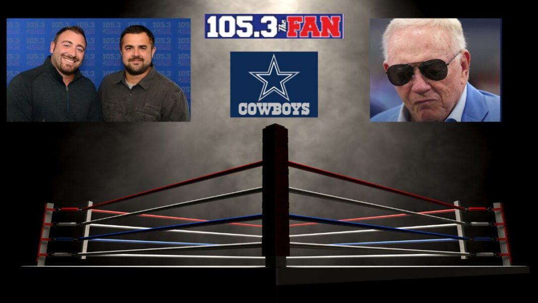 logos for the Dallas Cowboys and 105.3 The Fan along with photos of Shan & RJ as well as Jerry Jones