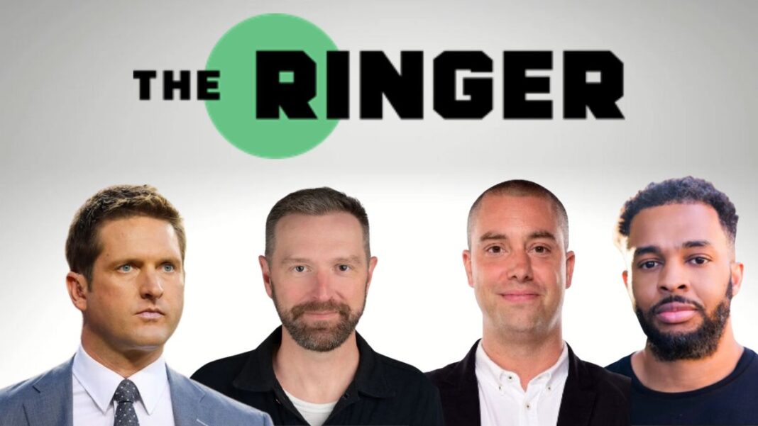 Logo for The Ringer and pictures of their new hosts