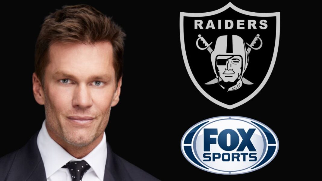 Photo of Tom Brady and logos for the LV Raiders and FOX Sports