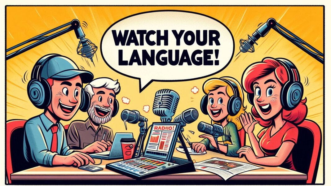 AI Image Displaying radio hosts talking and saying Watch Your Language