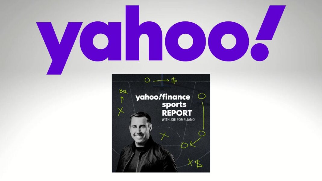 logo for Yahoo and a graphic for a new Sports Business show with Joe Pompliano