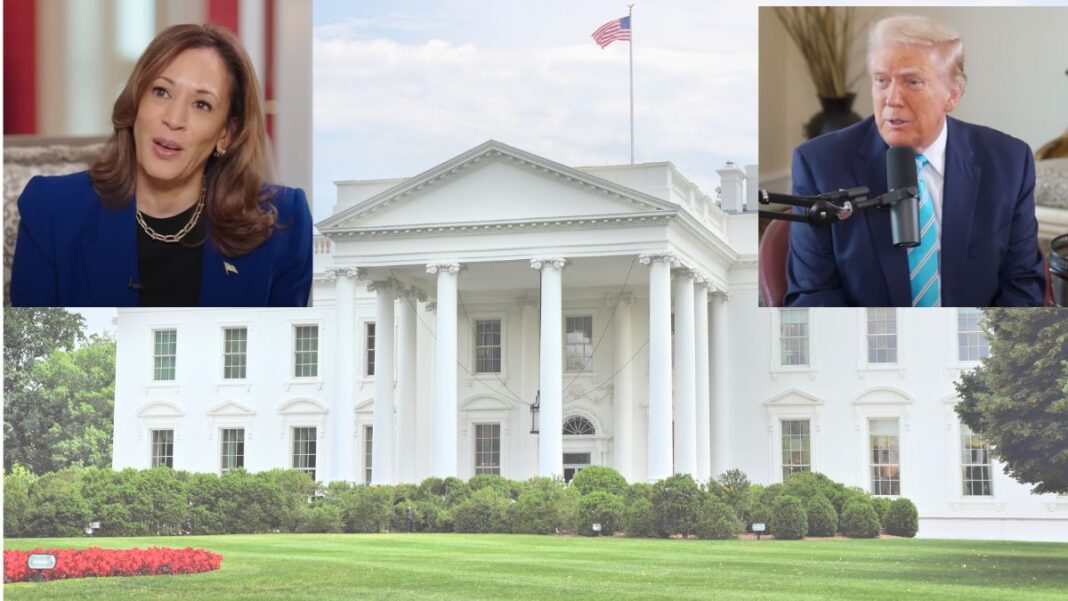 Screengrabs of Kamala Harris and Donald Trump over a picture of The White House