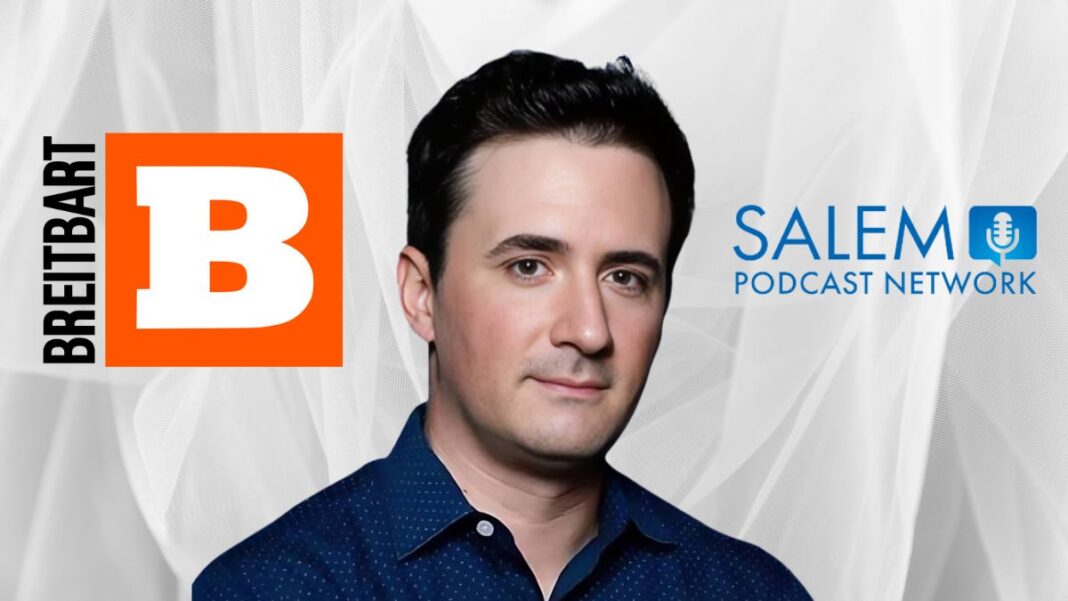 A photo of Alex Marlow with the Breitbart News and Salem Podcast Network logos