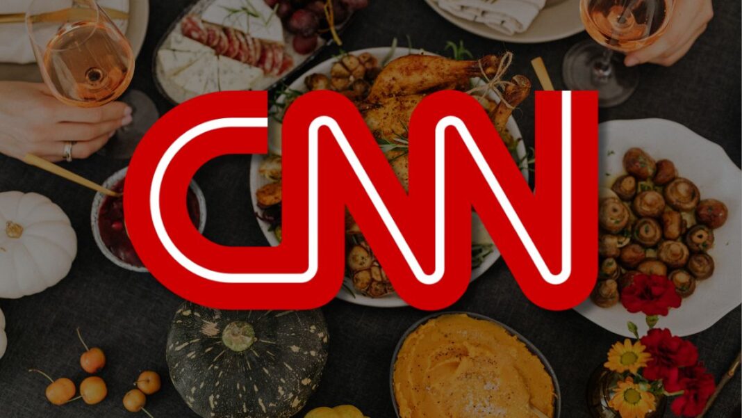 A photo of the CNN logo and a Thanksgiving dinner