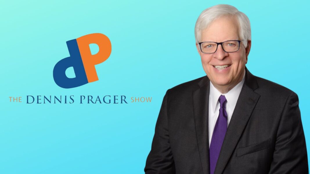 A photo of Dennis Prager and his show logo