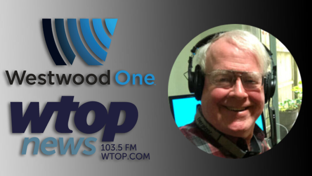 A photo of Evan Haning and the Westwood One/WTOP logos