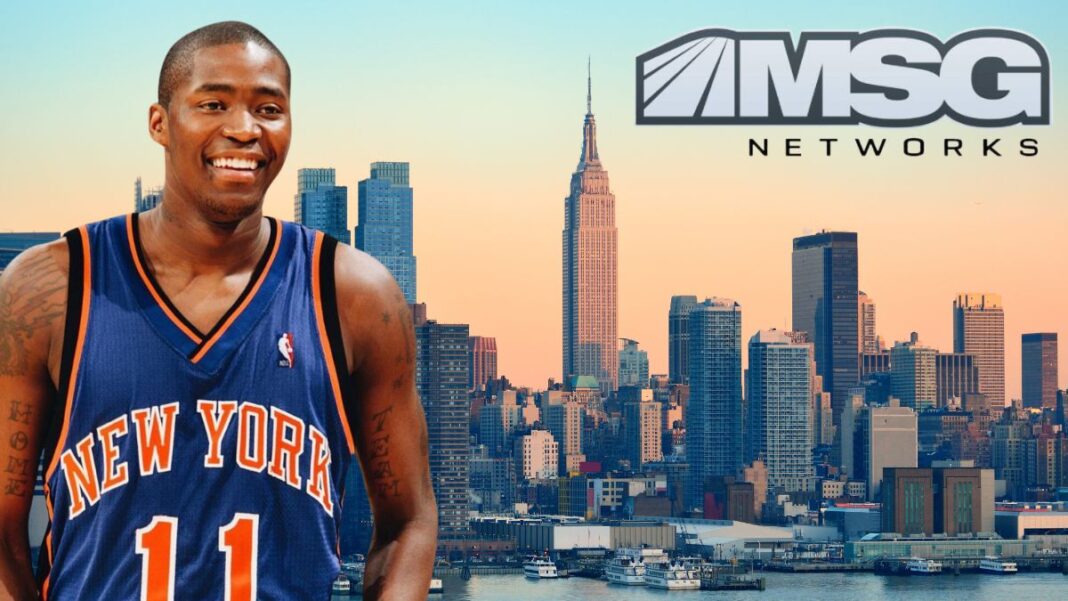 Logo for MSG Networks over the New York landscape with a screengrab of Jamal Crawford