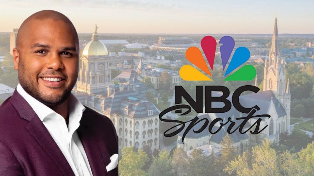 NBC Sports logo over a photo of Notre Dame with a picture of Jordan Cornette