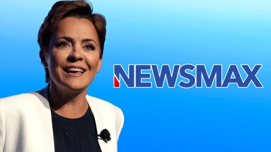 A photo of Kari Lake and the Newsmax logo