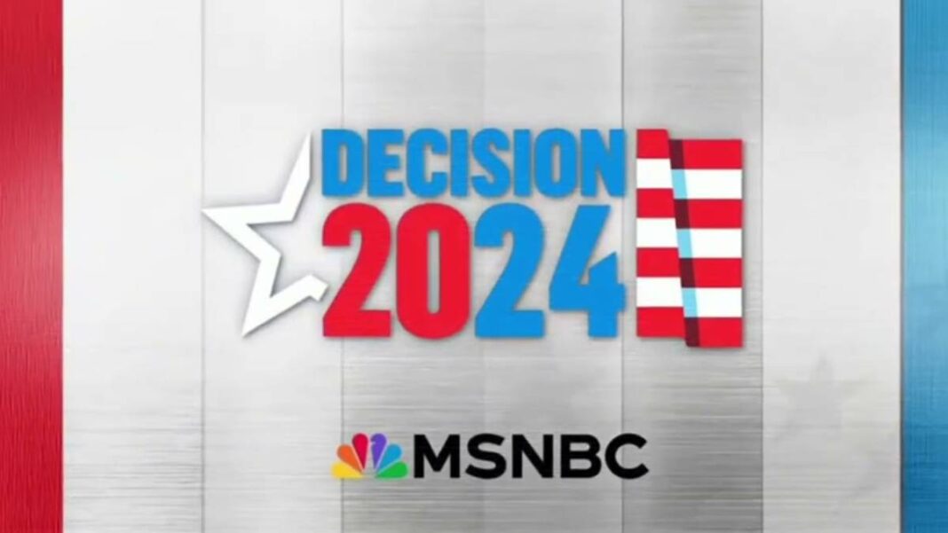 A photo of the MSNBC Decision 2024 logo