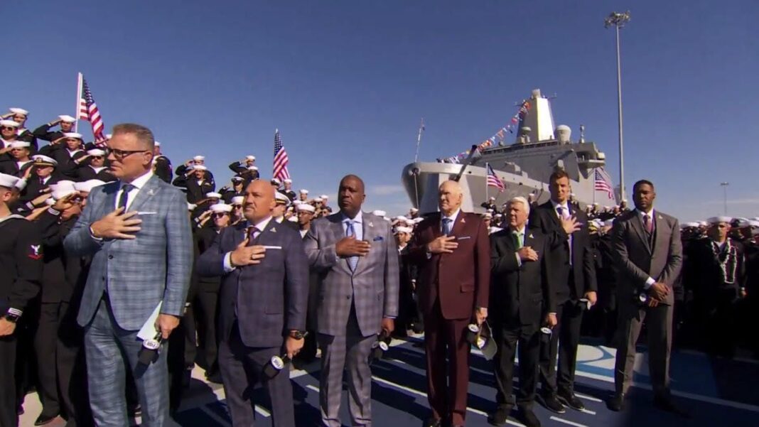 Screengrab from FOX Sports of the NFL team lined up for the National Anthem