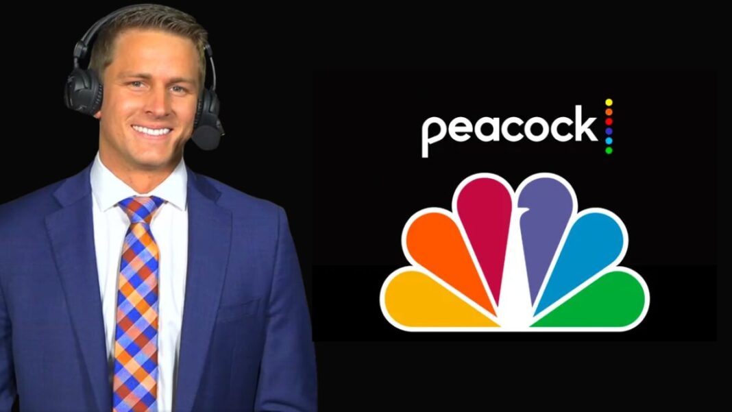 Photo of Noah Reed and logos for NBC and Peacock