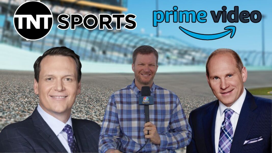 A photo of Adam Alexander, Steve Letarte, and Dale Earnhardt Jr. with the TNT Sports and Amazon Prime Video logos