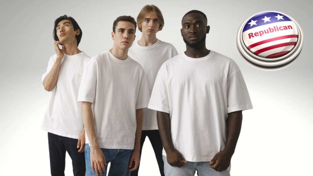 Group of young diverse men and a logo for the Republican party