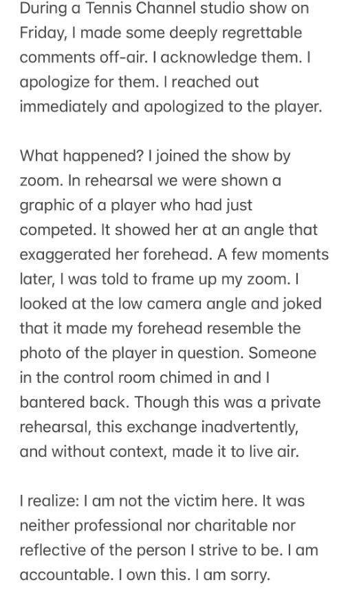 Post on X from Jon Wertheim apologizing for an inappropriate remark