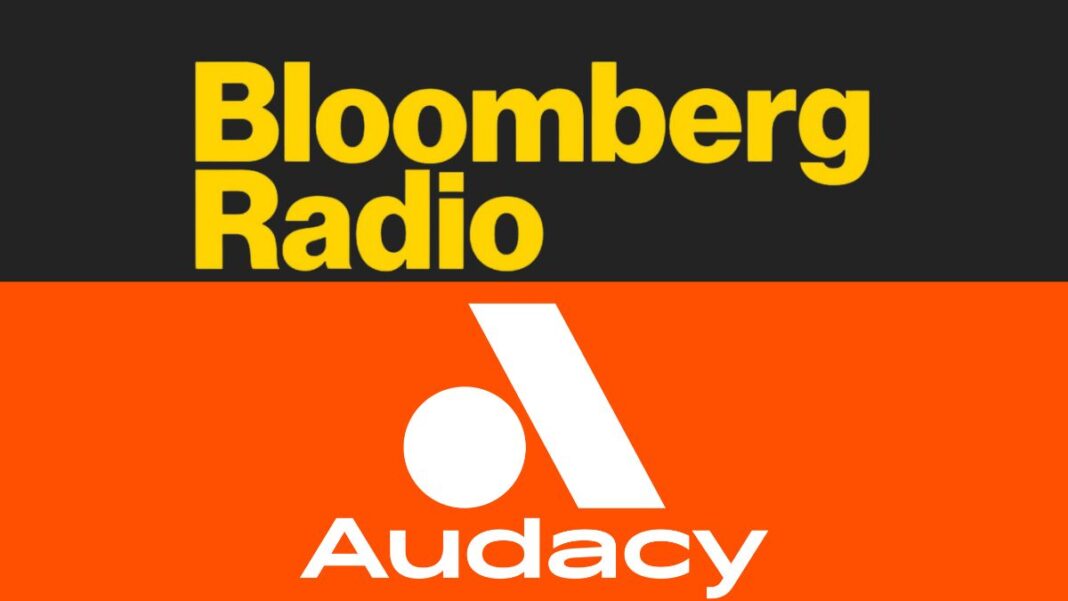 A photo of the Bloomberg Radio and Audacy logos