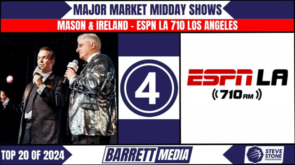 Graphic showing Mason & Ireland as the No. 4 Major Market Midday Show on the BSM Top 20 from 2024