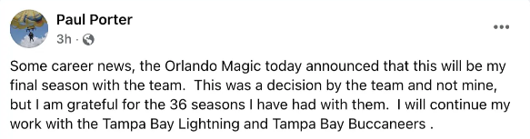 Porter Facebook Post (Orlando Magic PA)