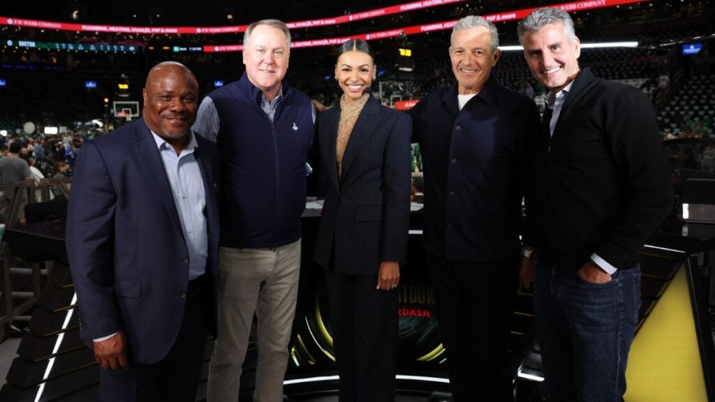 Dave Roberts, Burke Magnus, Malika Andrews, Bob Iger, Josh D'Amaro (Courtesy ESPN Press | Andy Hall)